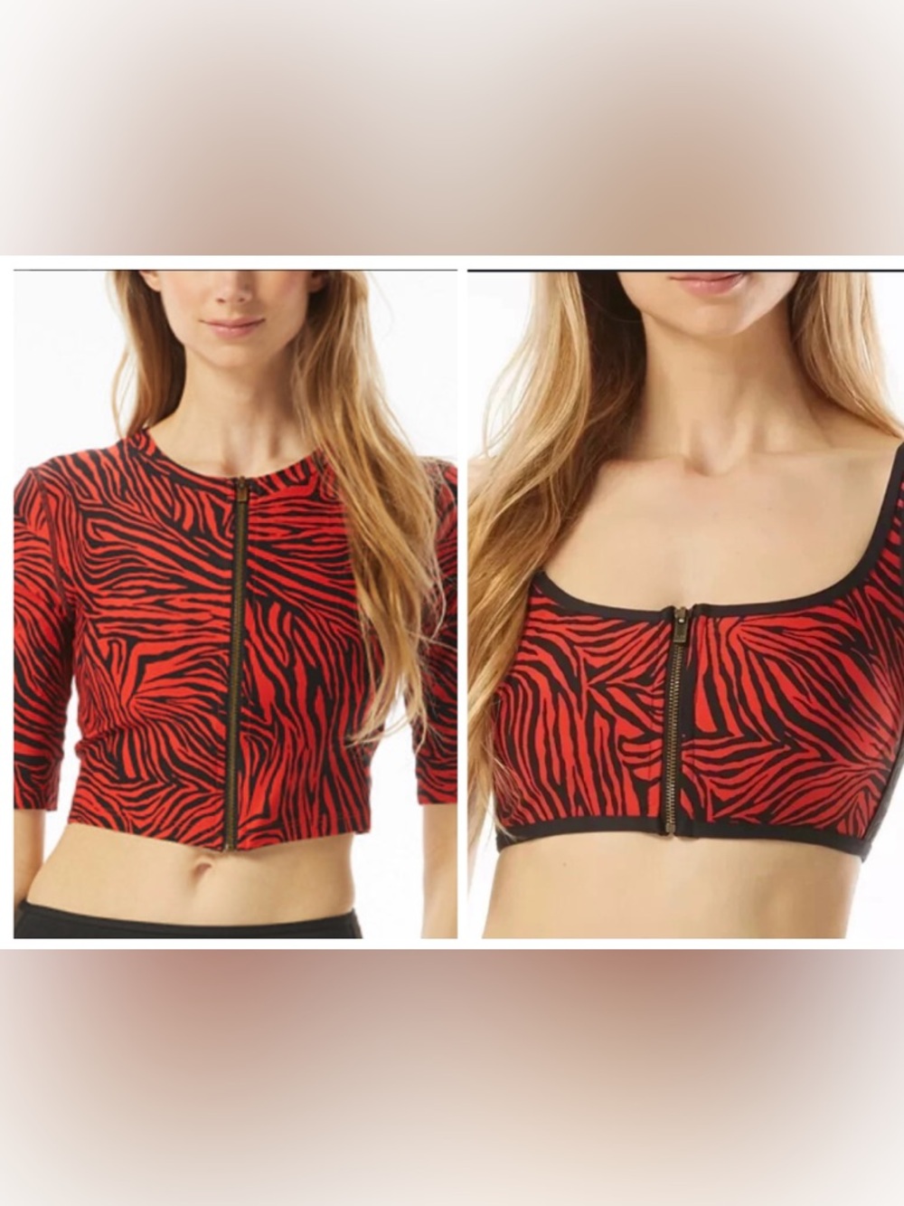 Michael Kors Red and Black Zebra-Print Zip-Front Swim Crop Top